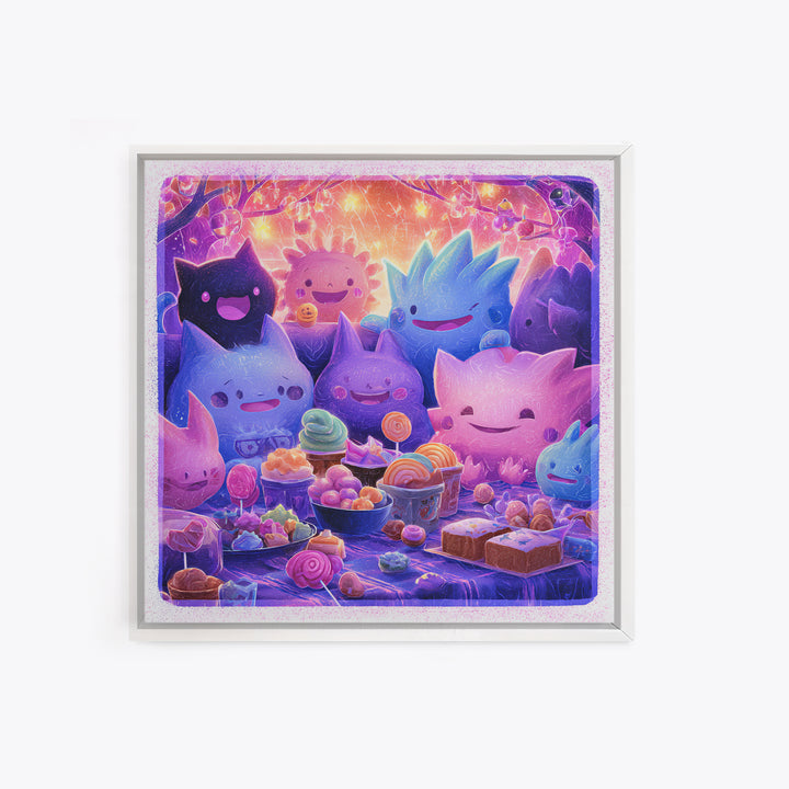 The Monster Friendship Picnic, Vaporwave Halloween Decor, Square Wall Art, Canvas Print, Retro Halloween Decor, Neon Wall Art
