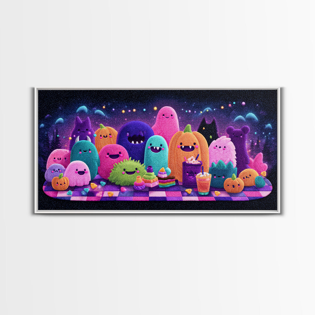 The Monster Friendship Picnic, Retro Neon Halloween Art, Wide Panoramic Art, Canvas Print, Retro Halloween Decor, Neon Wall Art