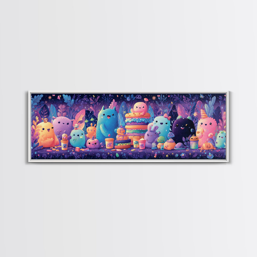 The Monster Friendship Picnic, Synthwave Halloween Art, Extra Wide Wall Art, Framed Canvas Print, Retro Halloween Decor, Neon Wall Art