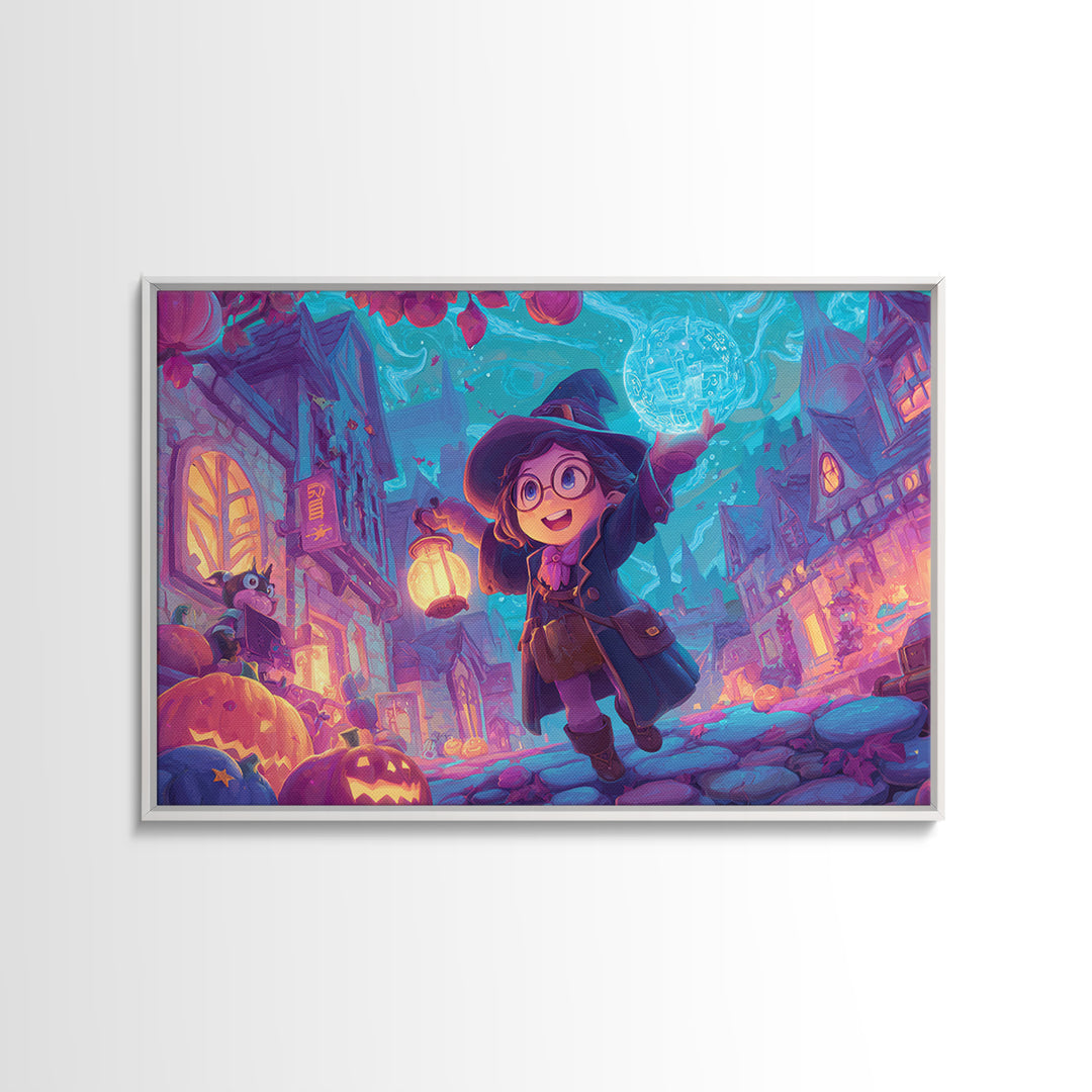 The Trick-Or-Treat Treasure Hunt, 80s Halloween Wall Art, Landscape Wall Art, Framed Canvas Print, Retro Halloween Decor, Neon Wall Art