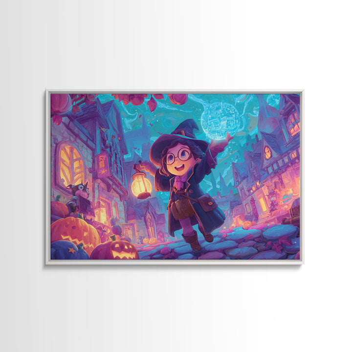 The Trick-Or-Treat Treasure Hunt, 80s Halloween Wall Art, Landscape Wall Art, Framed Canvas Print, Retro Halloween Decor, Neon Wall Art