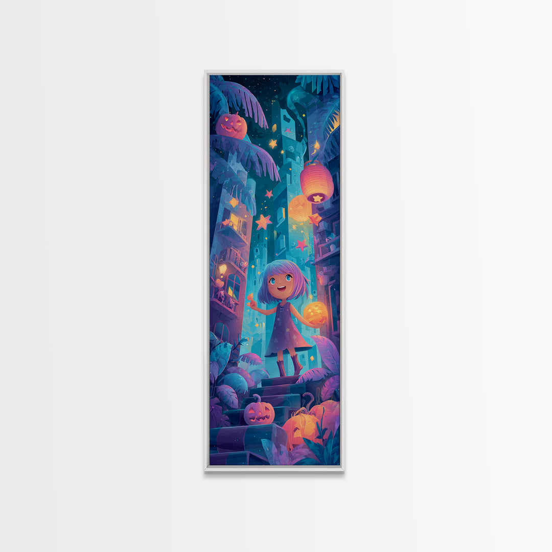 The Trick-Or-Treat Treasure Hunt, Cute Spooky Neon Art, Tall Narrow Wall Art, Canvas Print, Retro Halloween Decor, Neon Wall Art