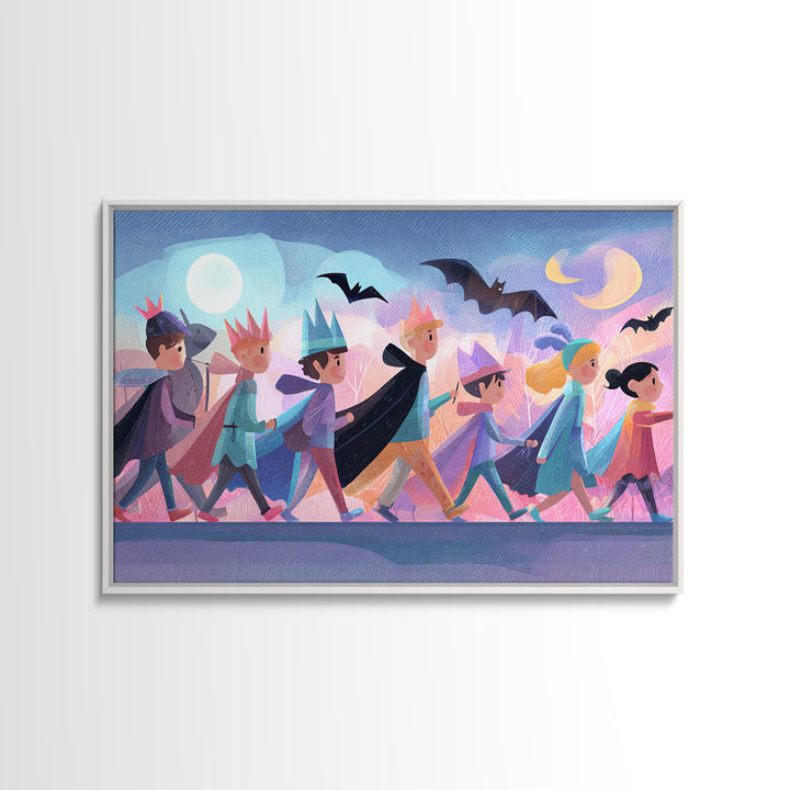 The Costume Parade, Cute Spooky Neon Art, Landscape Wall Art, Canvas Print, Retro Halloween Decor, Neon Wall Art, Statement Wall Art