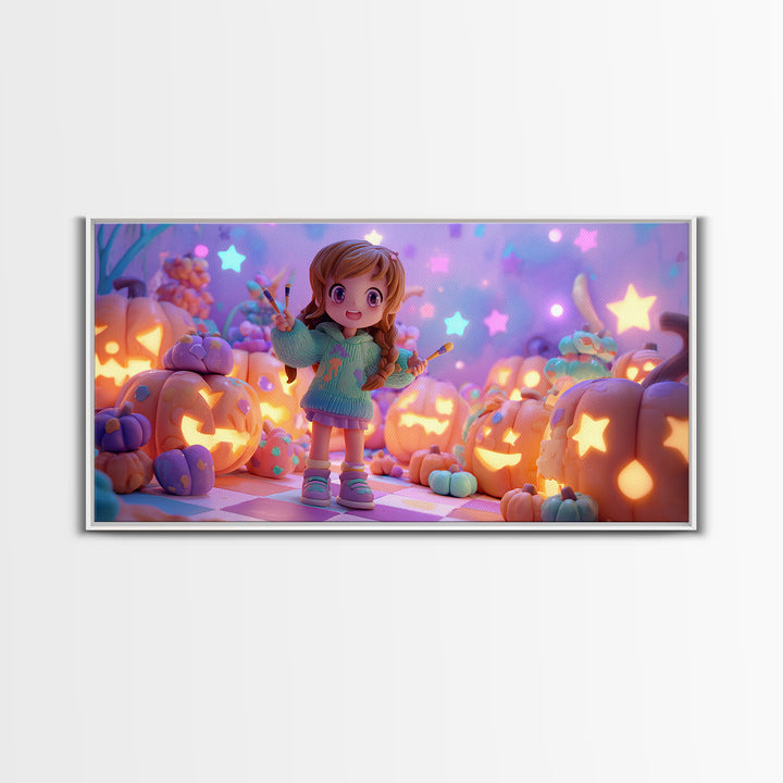 The Pumpkin Painting Party, Retro Neon Halloween Art, Wide Panoramic Art, Framed Canvas Print, Retro Halloween Decor, Neon Wall Art