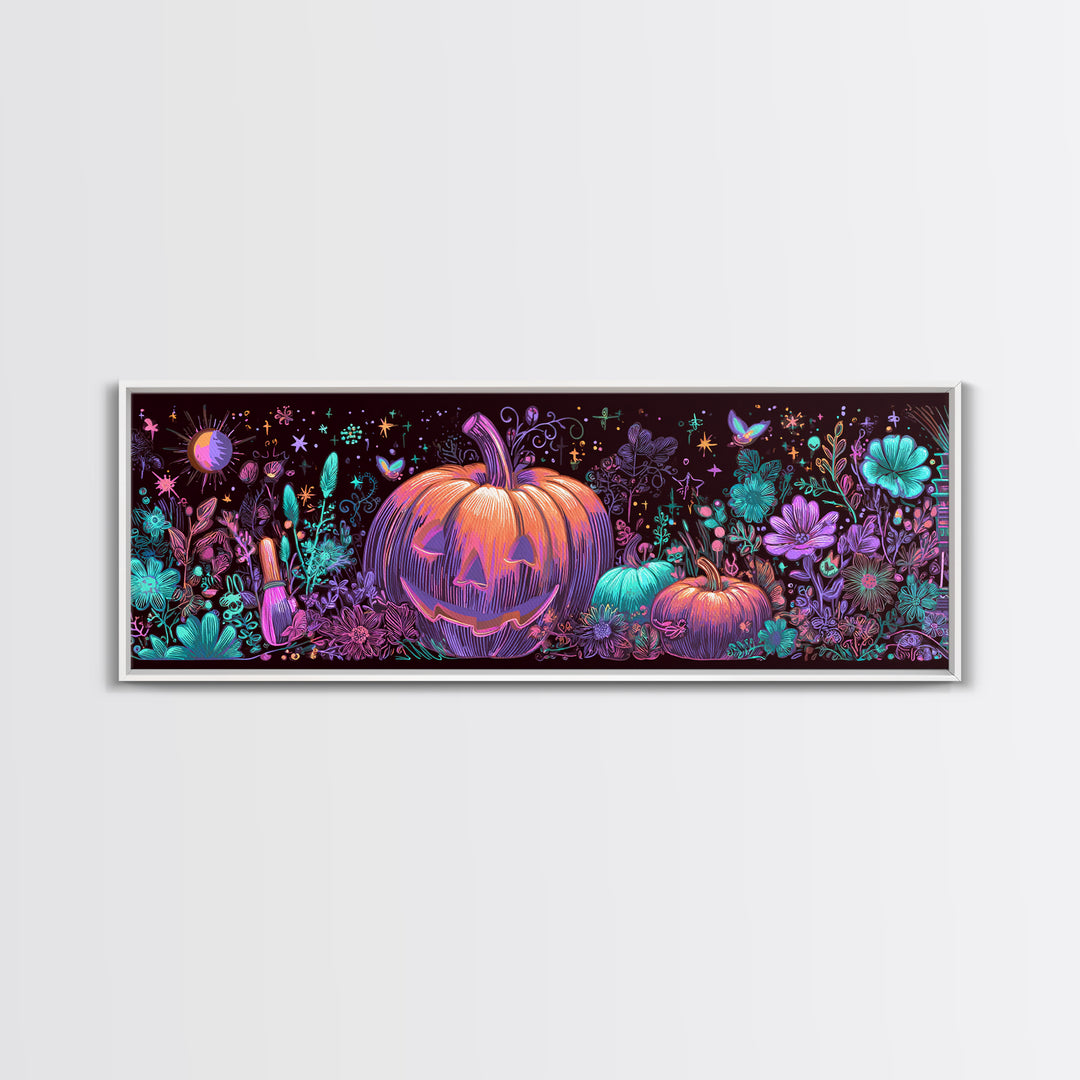 The Pumpkin Painting Party, 80s Halloween Wall Art, Extra Wide Wall Art, Canvas Print, Retro Halloween Decor, Neon Wall Art