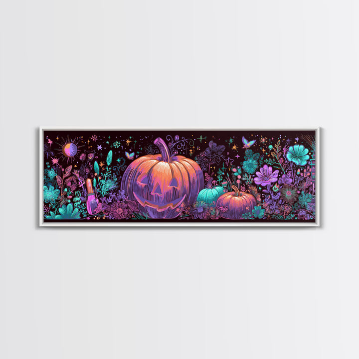 The Pumpkin Painting Party, 80s Halloween Wall Art, Extra Wide Wall Art, Canvas Print, Retro Halloween Decor, Neon Wall Art