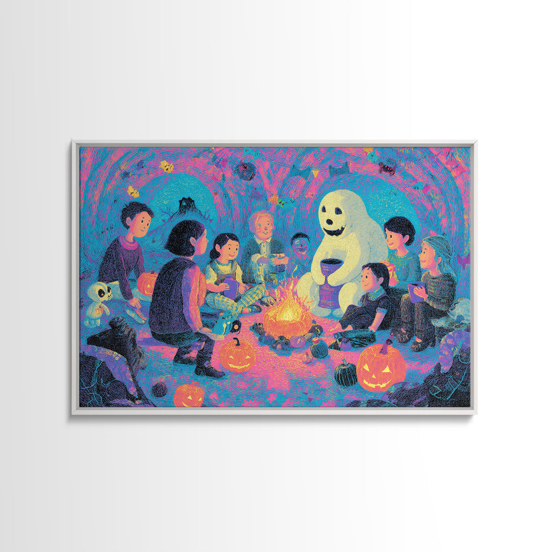 The Halloween Story Circle, Retro Neon Halloween Art, Landscape Wall Art, Canvas Print, Retro Halloween Decor, Neon Wall Art