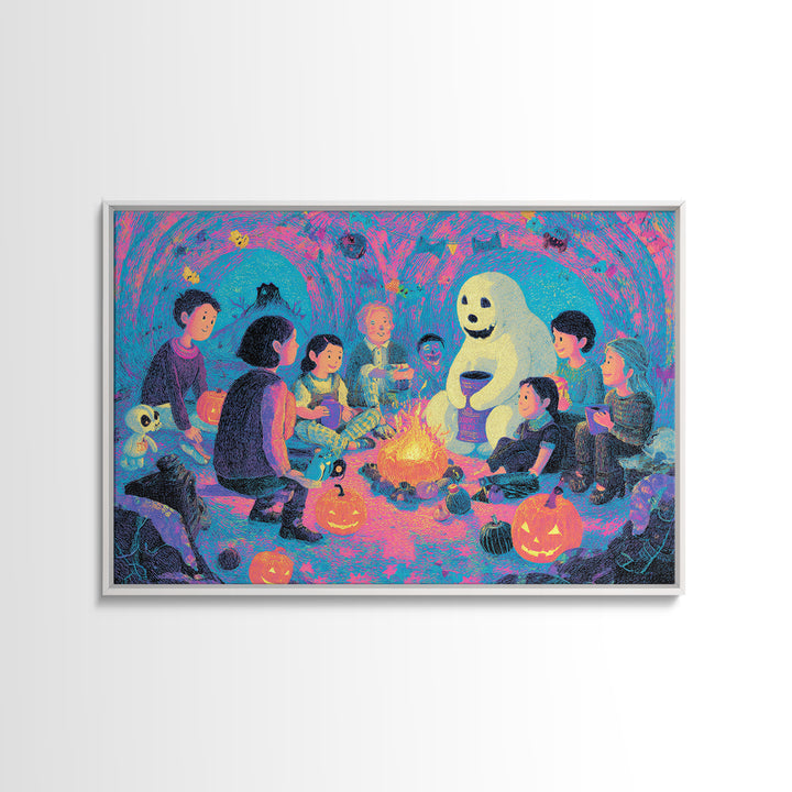 The Halloween Story Circle, Retro Neon Halloween Art, Landscape Wall Art, Canvas Print, Retro Halloween Decor, Neon Wall Art