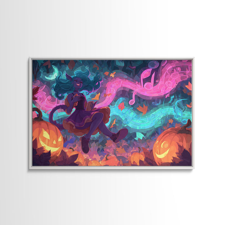 The Moonlight Dance Party, Retro Neon Halloween Art, Landscape Wall Art, Framed Canvas Print, Retro Halloween Decor, Neon Wall Art
