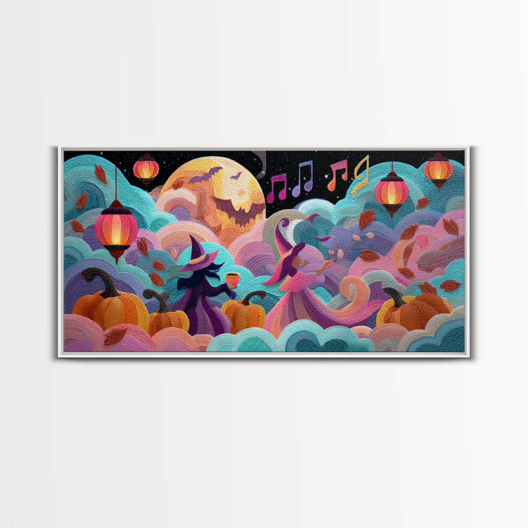The Moonlight Dance Party, Cute Spooky Neon Art, Wide Panoramic Art, Framed Canvas Print, Retro Halloween Decor, Neon Wall Art
