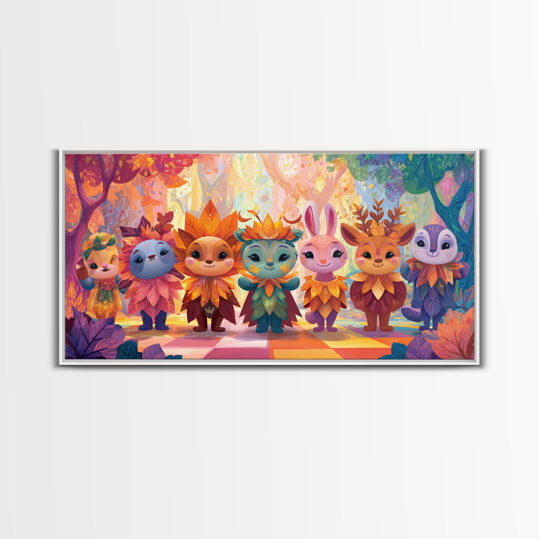 The Autumn Leaf Costume Contest, Cute Spooky Neon Art, Wide Panoramic Art, Canvas Print, Retro Halloween Decor, Neon Wall Art