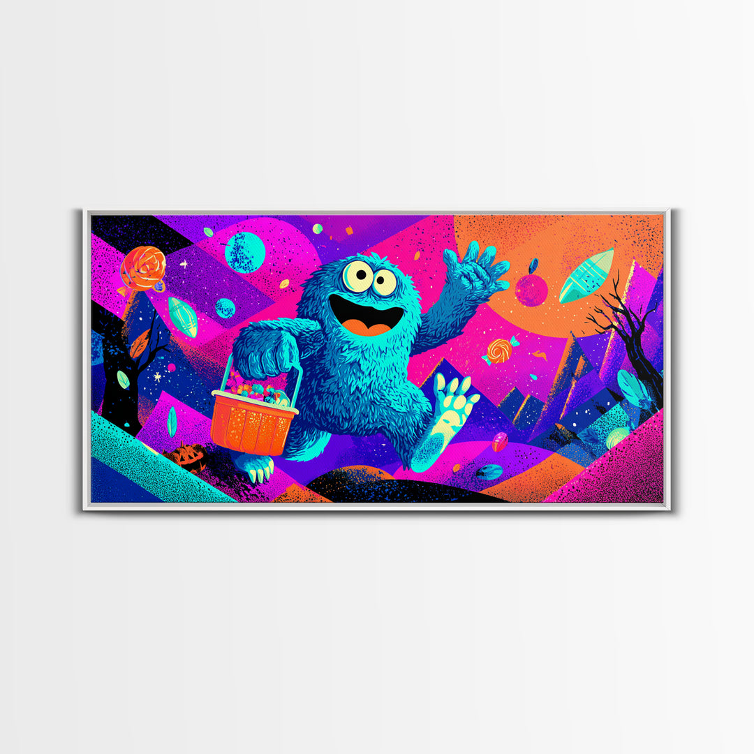 The Candy Bucket Relay Race, Cute Spooky Neon Art, Wide Panoramic Art, Canvas Print, Retro Halloween Decor, Neon Wall Art, Dark Fantasy Art