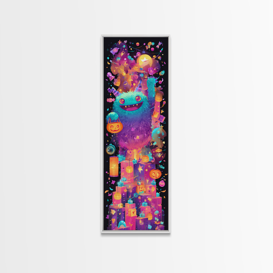 The Candy Bucket Relay Race, 80s Halloween Wall Art, Tall Narrow Wall Art, Framed Canvas Print, Retro Halloween Decor, Neon Wall Art