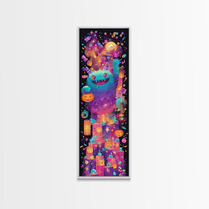 The Candy Bucket Relay Race, 80s Halloween Wall Art, Tall Narrow Wall Art, Framed Canvas Print, Retro Halloween Decor, Neon Wall Art