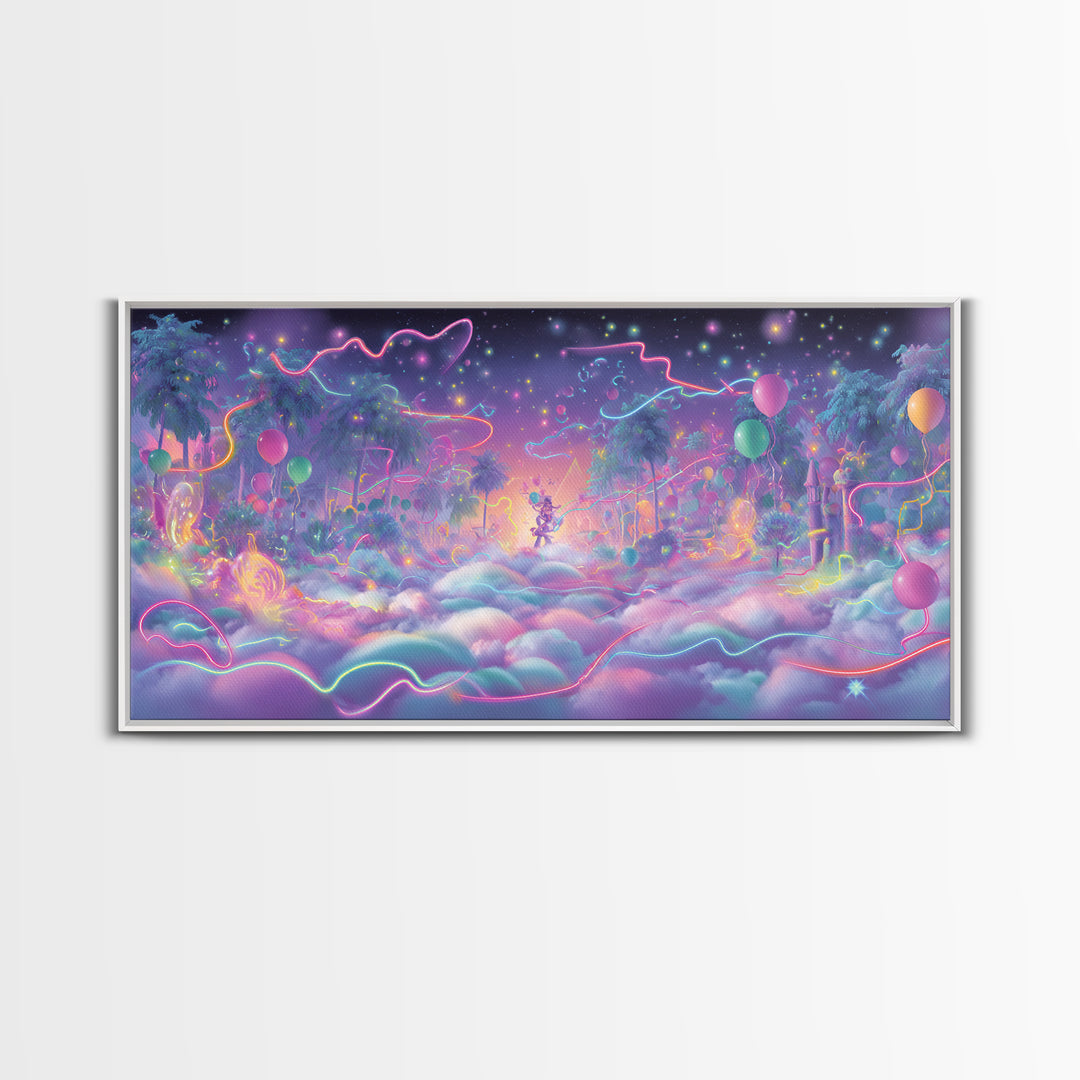The Broomstick Obstacle Course, Vaporwave Halloween Decor, Wide Panoramic Art, Framed Canvas Print, Retro Halloween Decor, Neon Wall Art