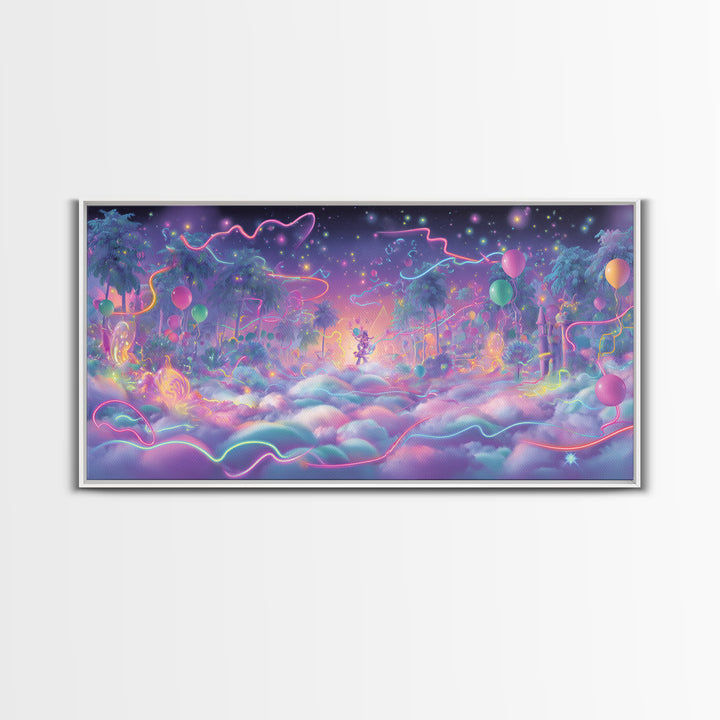 The Broomstick Obstacle Course, Vaporwave Halloween Decor, Wide Panoramic Art, Framed Canvas Print, Retro Halloween Decor, Neon Wall Art