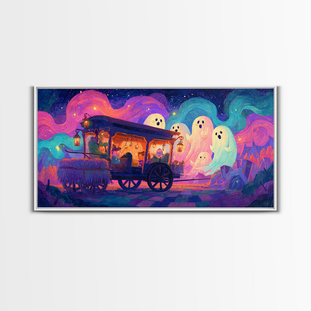 The Friendly Haunted Hayride, 80s Halloween Wall Art, Wide Panoramic Art, Canvas Print, Retro Halloween Decor, Neon Wall Art