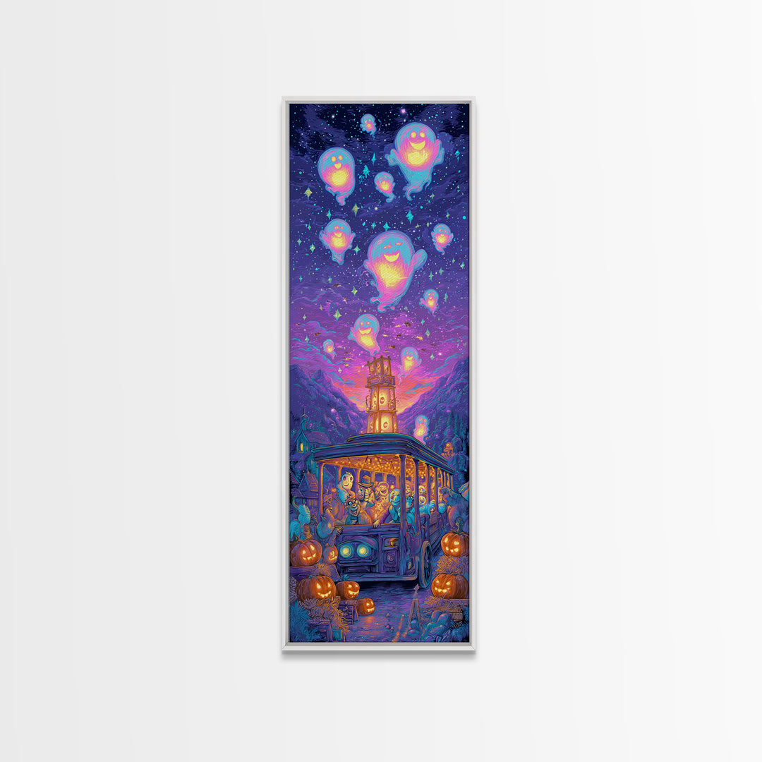 The Friendly Haunted Hayride, 80s Halloween Wall Art, Tall Narrow Wall Art, Canvas Print, Retro Halloween Decor, Neon Wall Art