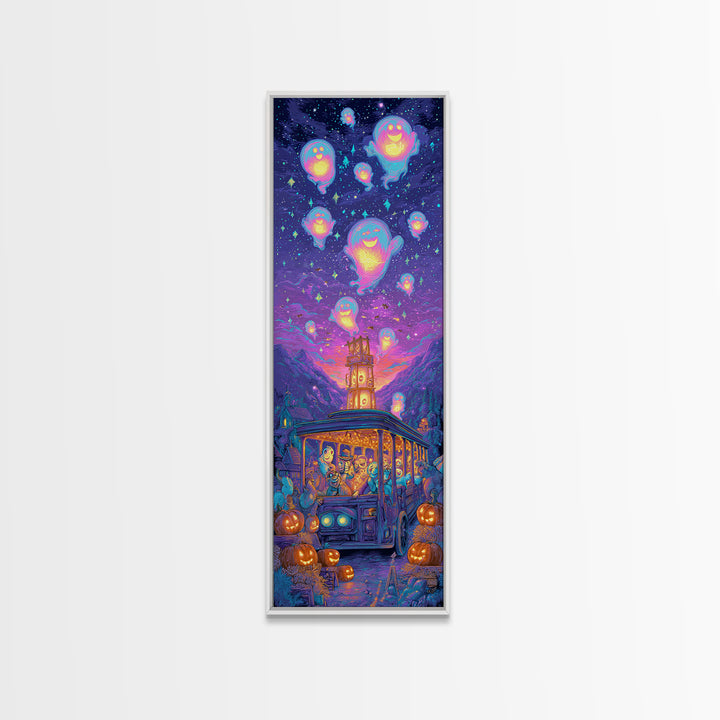 The Friendly Haunted Hayride, 80s Halloween Wall Art, Tall Narrow Wall Art, Canvas Print, Retro Halloween Decor, Neon Wall Art