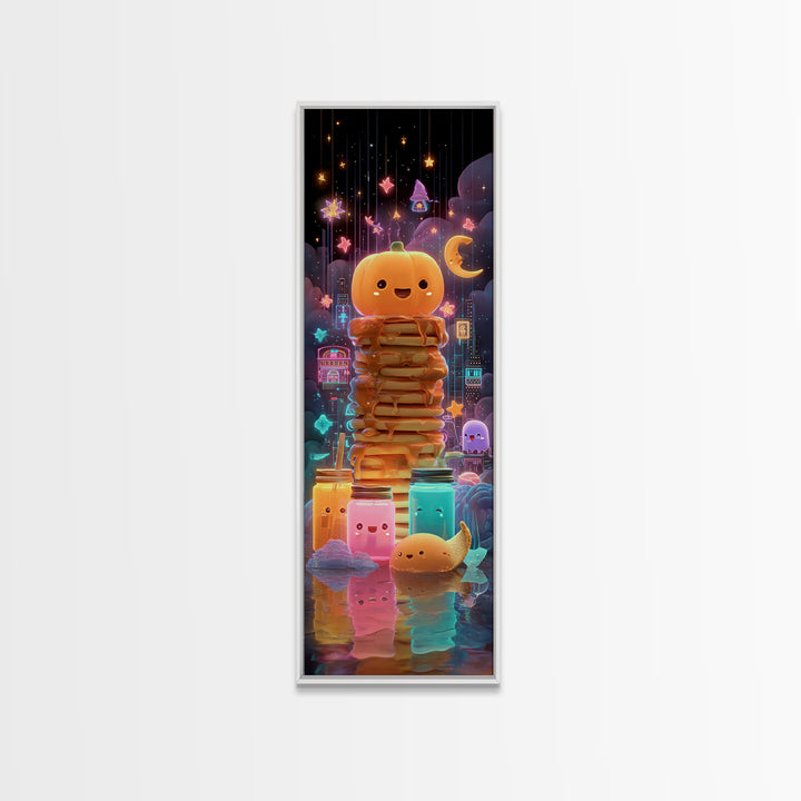 The Pumpkin Pancake Breakfast, Retro Neon Halloween Art, Tall Narrow Wall Art, Canvas Print, Retro Halloween Decor, Neon Wall Art
