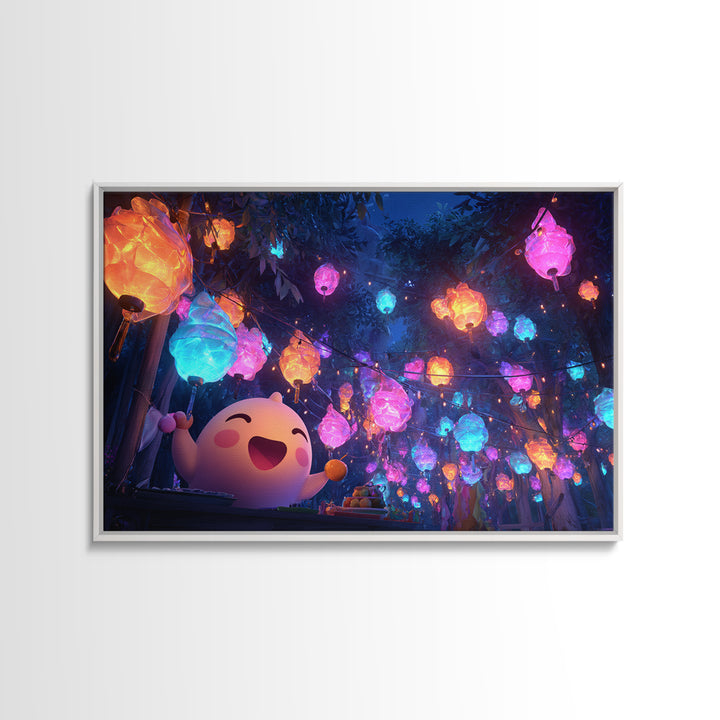 The Lantern-Making Festival, Retro Neon Halloween Art, Landscape Wall Art, Canvas Print, Retro Halloween Decor, Neon Wall Art