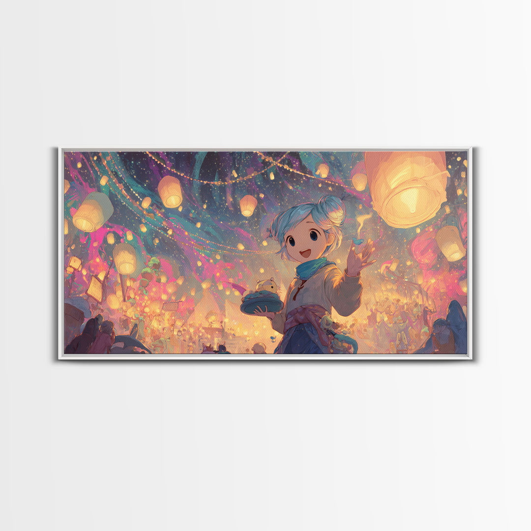The Lantern-Making Festival, Vaporwave Halloween Decor, Wide Panoramic Art, Canvas Print, Retro Halloween Decor, Neon Wall Art