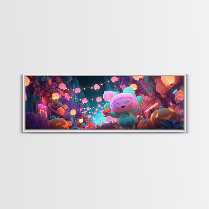 The Lantern-Making Festival, Cute Spooky Neon Art, Extra Wide Wall Art, Framed Canvas Print, Retro Halloween Decor, Neon Wall Art