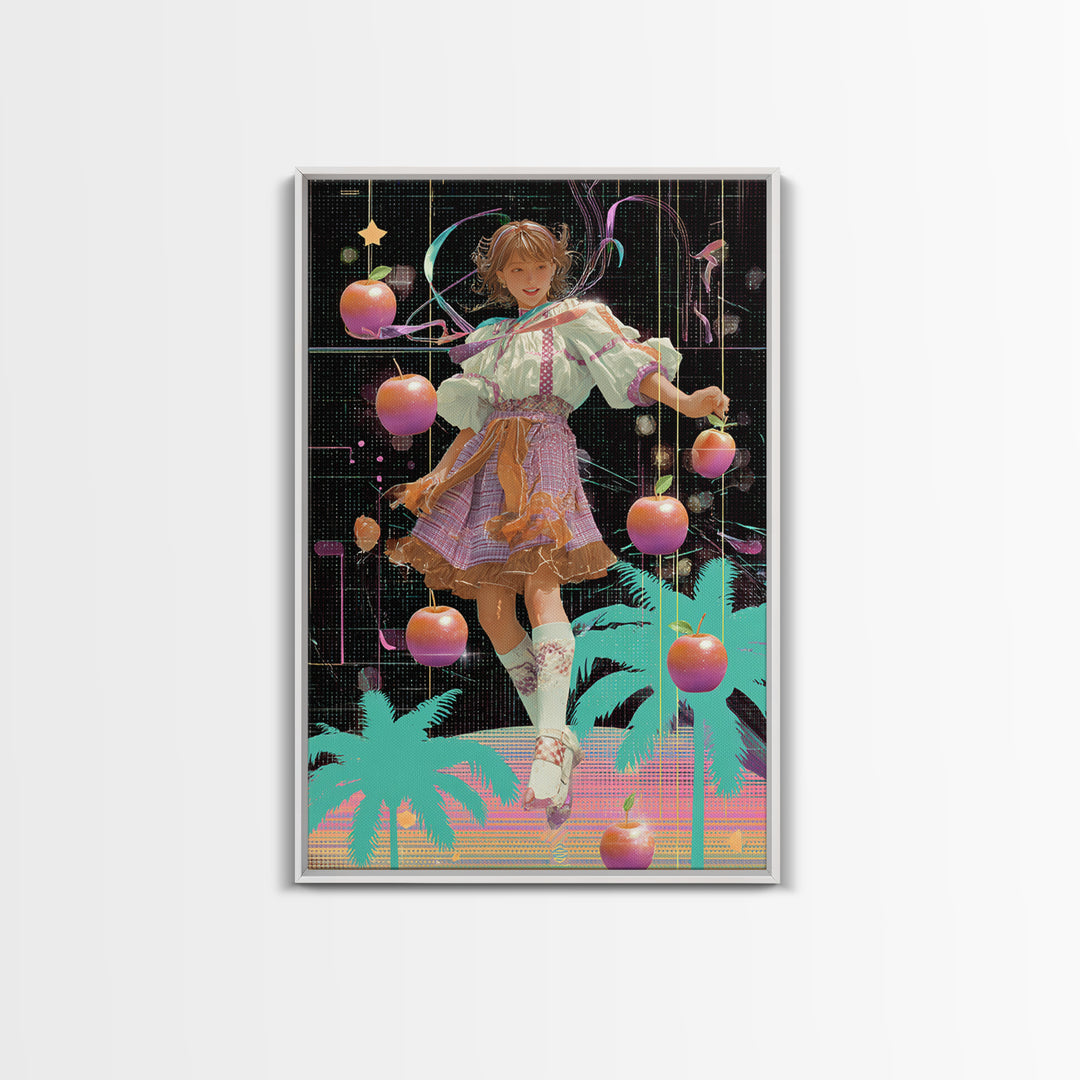 The Candy Apple Dance, Vaporwave Halloween Decor, Vertical Wall Art, Framed Canvas Print, Retro Halloween Decor, Neon Wall Art