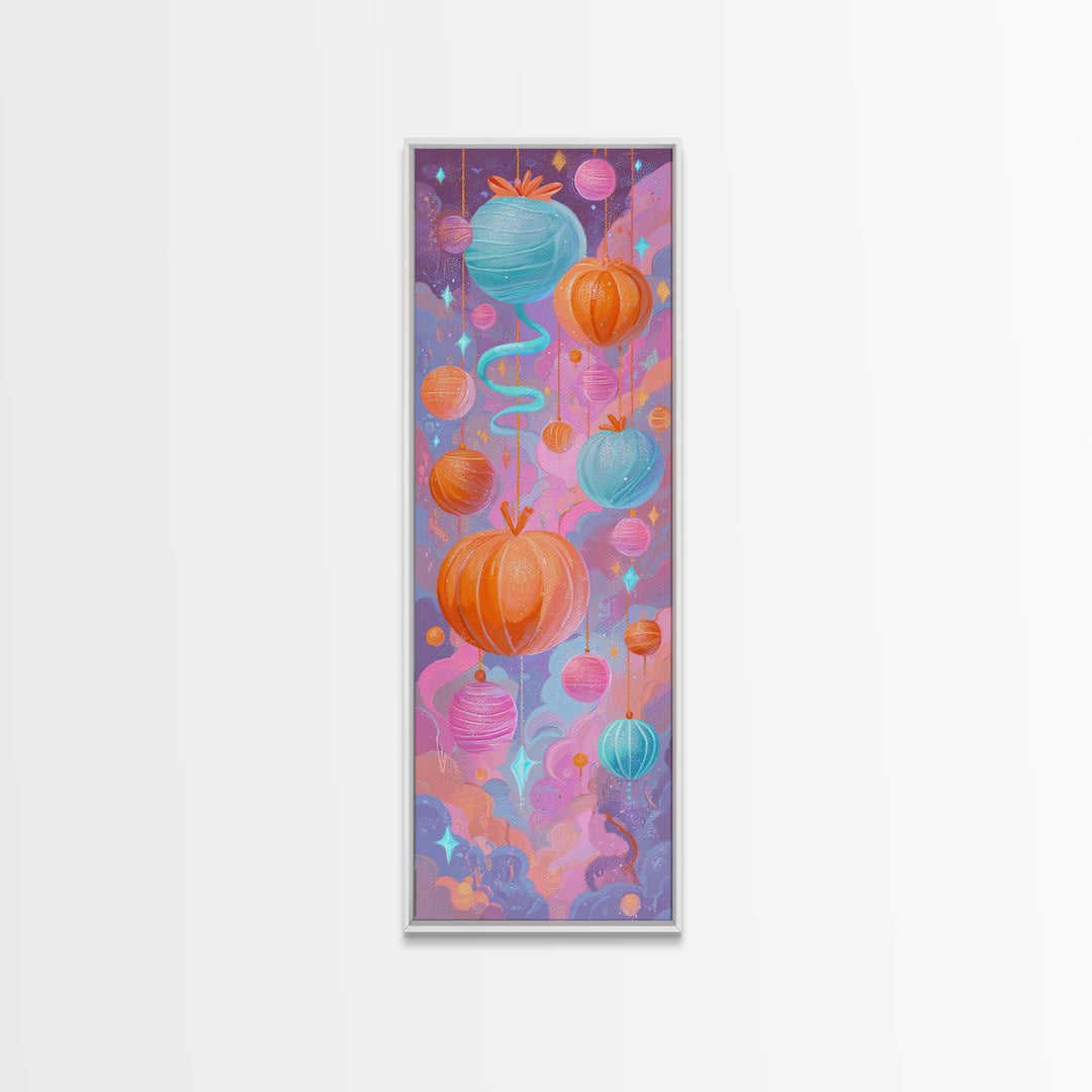 The Candy Apple Dance, Cute Spooky Neon Art, Tall Narrow Wall Art, Canvas Print, Retro Halloween Decor, Neon Wall Art, Spooky Wall Decor