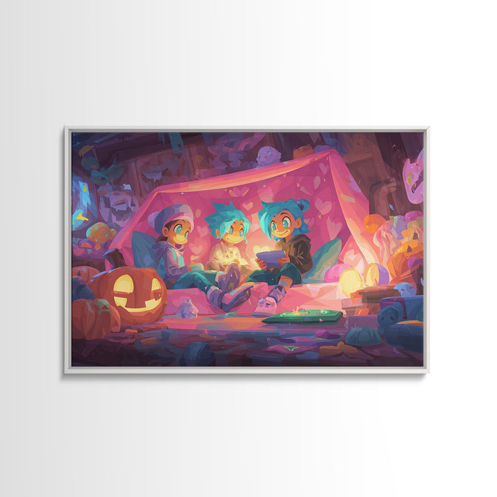 The Halloween Sleepover, 80s Halloween Wall Art, Landscape Wall Art, Framed Canvas Print, Retro Halloween Decor, Neon Wall Art