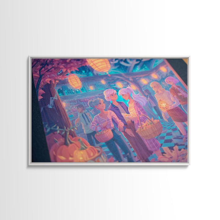 The Moonlit Scavenger Hunt, 80s Halloween Wall Art, Landscape Wall Art, Framed Canvas Print, Retro Halloween Decor, Neon Wall Art