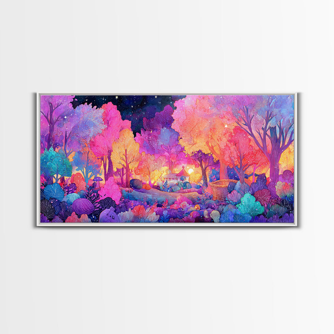 The Moonlit Scavenger Hunt, 80s Halloween Wall Art, Wide Panoramic Art, Canvas Print, Retro Halloween Decor, Neon Wall Art