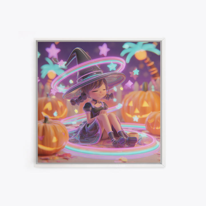 The Witch Hat Ring Toss, Retro Neon Halloween Art, Square Wall Art, Canvas Print, Retro Halloween Decor, Neon Wall Art