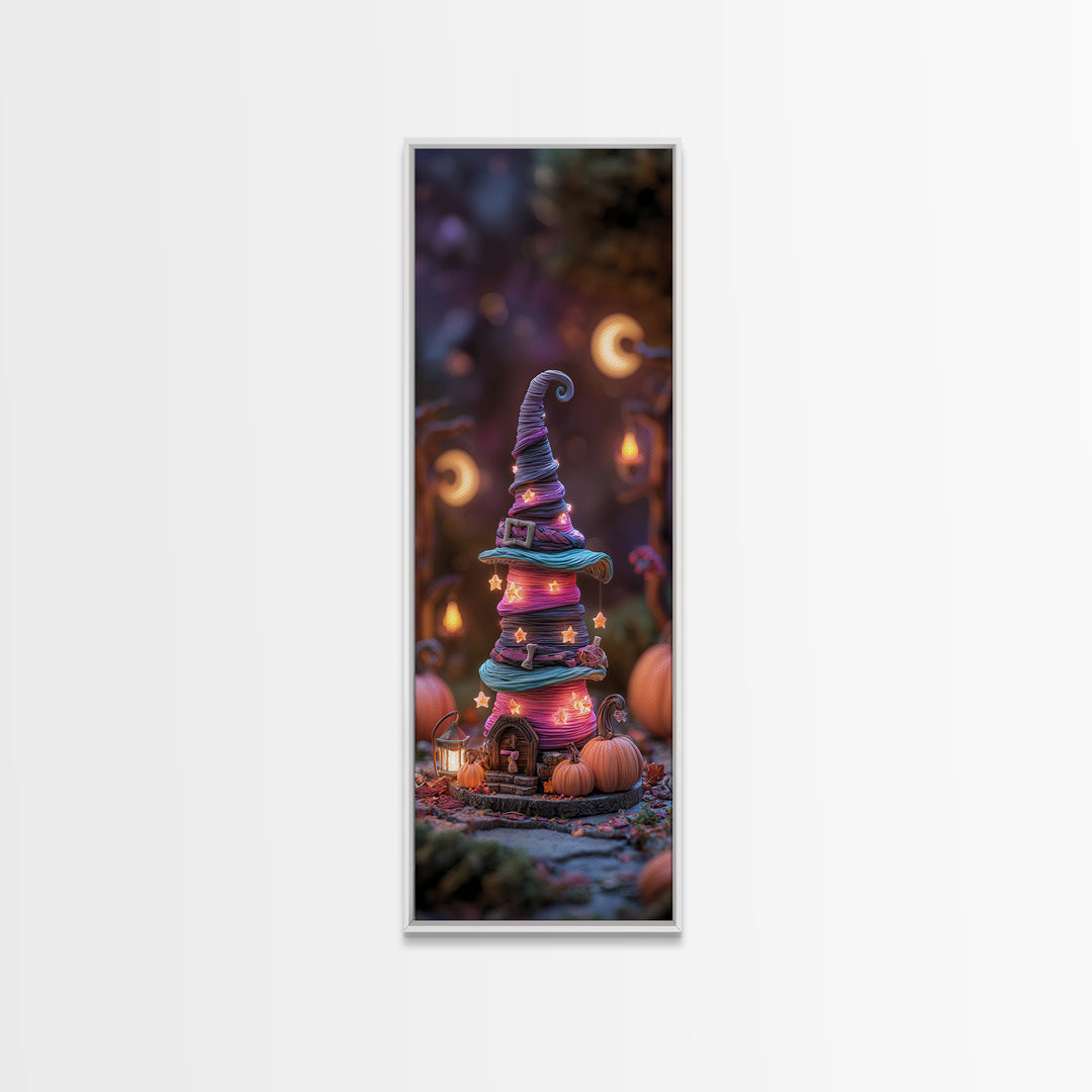 The Witch Hat Ring Toss, 80s Halloween Wall Art, Tall Narrow Wall Art, Framed Canvas Print, Retro Halloween Decor, Neon Wall Art
