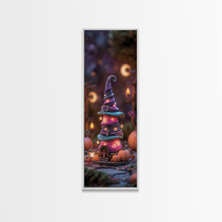 The Witch Hat Ring Toss, 80s Halloween Wall Art, Tall Narrow Wall Art, Framed Canvas Print, Retro Halloween Decor, Neon Wall Art