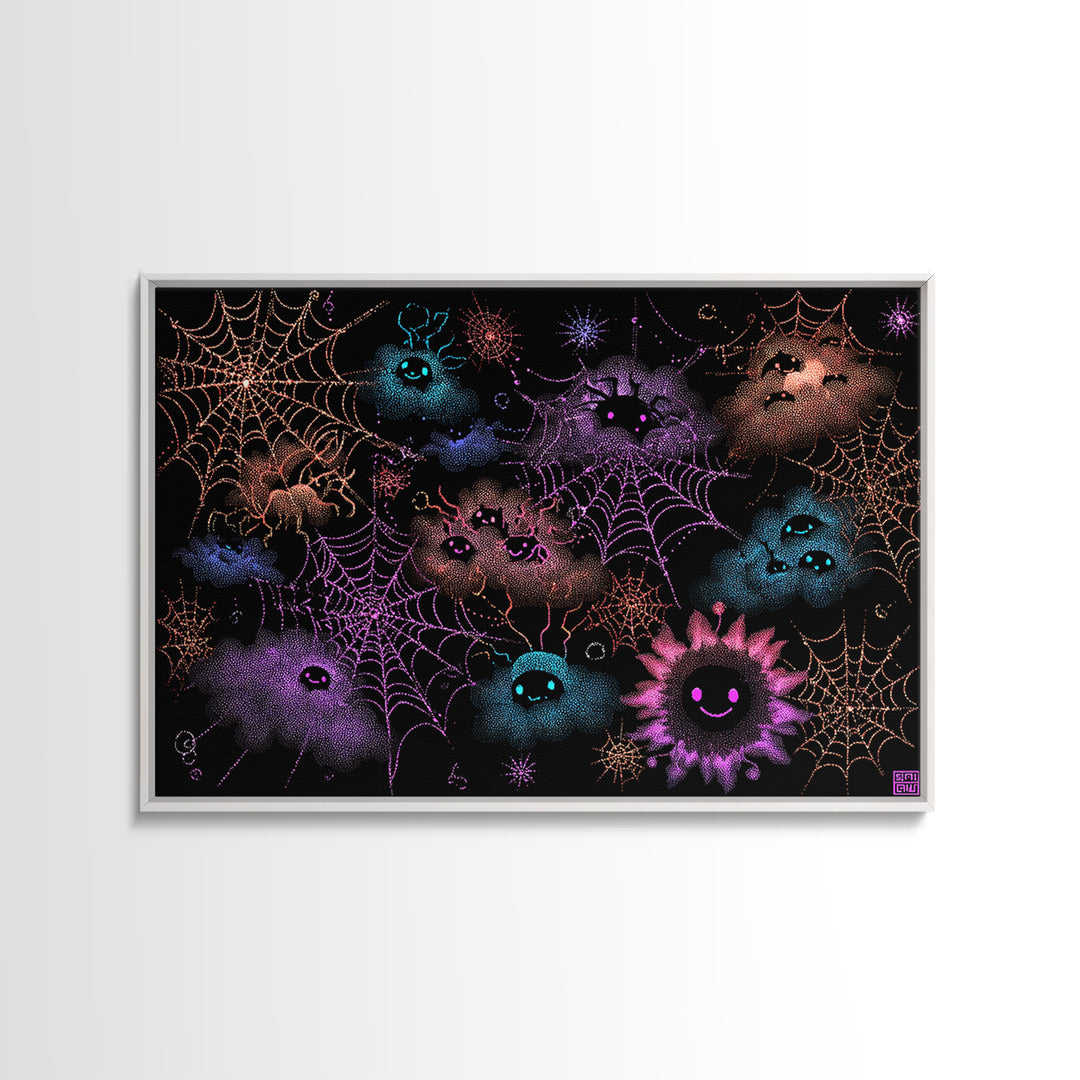 The Great Cobweb Knitting Contest, Vaporwave Halloween Decor, Landscape Wall Art, Canvas Print, Retro Halloween Decor, Neon Wall Art