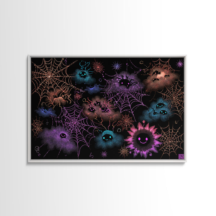The Great Cobweb Knitting Contest, Vaporwave Halloween Decor, Landscape Wall Art, Canvas Print, Retro Halloween Decor, Neon Wall Art