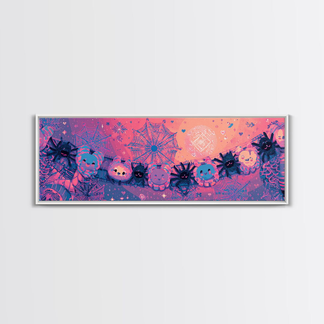 The Great Cobweb Knitting Contest, 80s Halloween Wall Art, Extra Wide Wall Art, Canvas Print, Retro Halloween Decor, Neon Wall Art