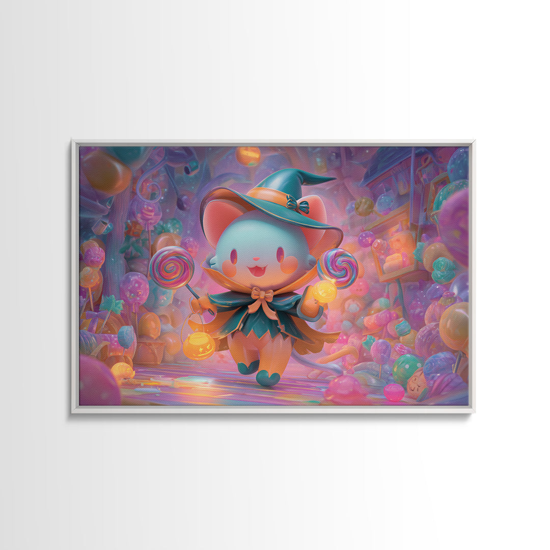 The Halloween Pet Parade, 80s Halloween Wall Art, Landscape Wall Art, Framed Canvas Print, Retro Halloween Decor, Neon Wall Art