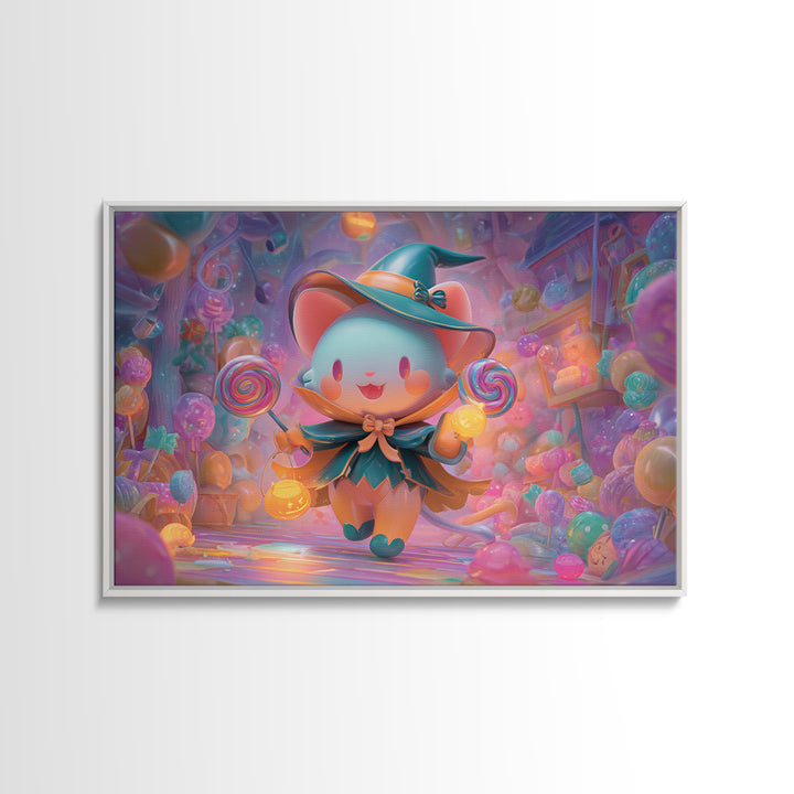 The Halloween Pet Parade, 80s Halloween Wall Art, Landscape Wall Art, Framed Canvas Print, Retro Halloween Decor, Neon Wall Art