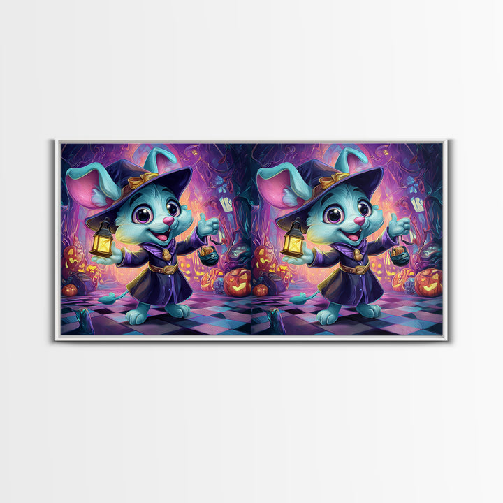 The Halloween Pet Parade, Synthwave Halloween Art, Wide Panoramic Art, Framed Canvas Print, Retro Halloween Decor, Neon Wall Art