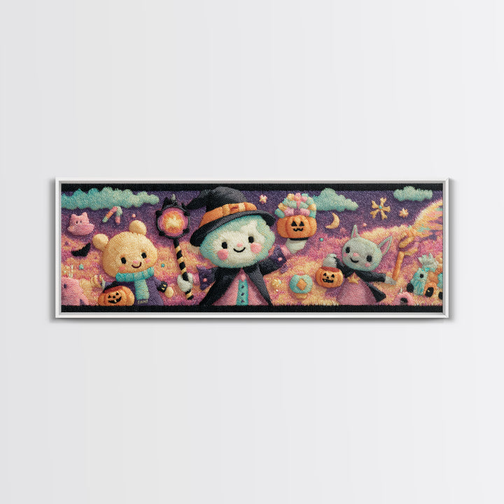 The Halloween Pet Parade, Vaporwave Halloween Decor, Extra Wide Wall Art, Framed Canvas Print, Retro Halloween Decor, Neon Wall Art