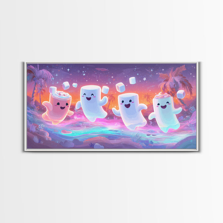 The Midnight Cocoa Party, Vaporwave Halloween Decor, Wide Panoramic Art, Framed Canvas Print, Retro Halloween Decor, Neon Wall Art
