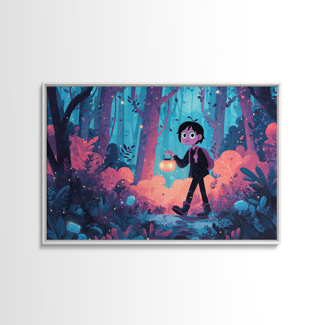 The Firefly Lantern Forest, Cute Spooky Neon Art, Landscape Wall Art, Canvas Print, Retro Halloween Decor, Neon Wall Art
