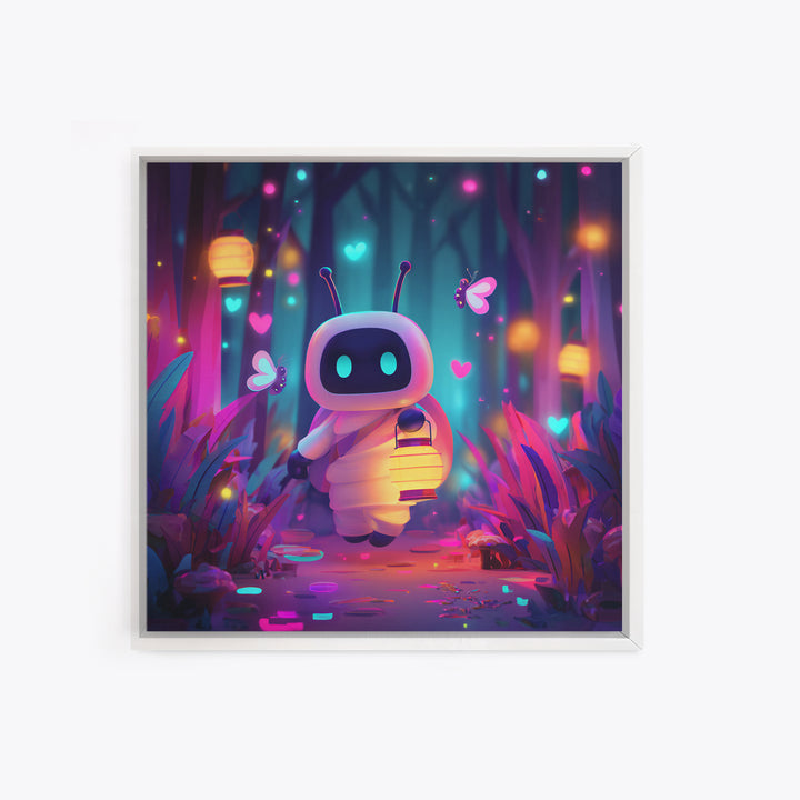 The Firefly Lantern Forest, Retro Neon Halloween Art, Square Wall Art, Framed Canvas Print, Retro Halloween Decor, Neon Wall Art