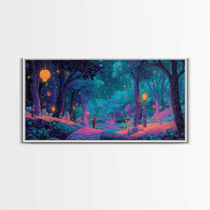 The Firefly Lantern Forest, Vaporwave Halloween Decor, Wide Panoramic Art, Framed Canvas Print, Retro Halloween Decor, Neon Wall Art