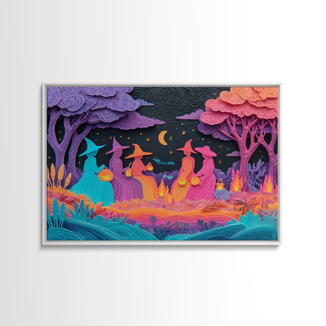 The Smiling Moon Meadow, Retro Neon Halloween Art, Landscape Wall Art, Framed Canvas Print, Retro Halloween Decor, Neon Wall Art
