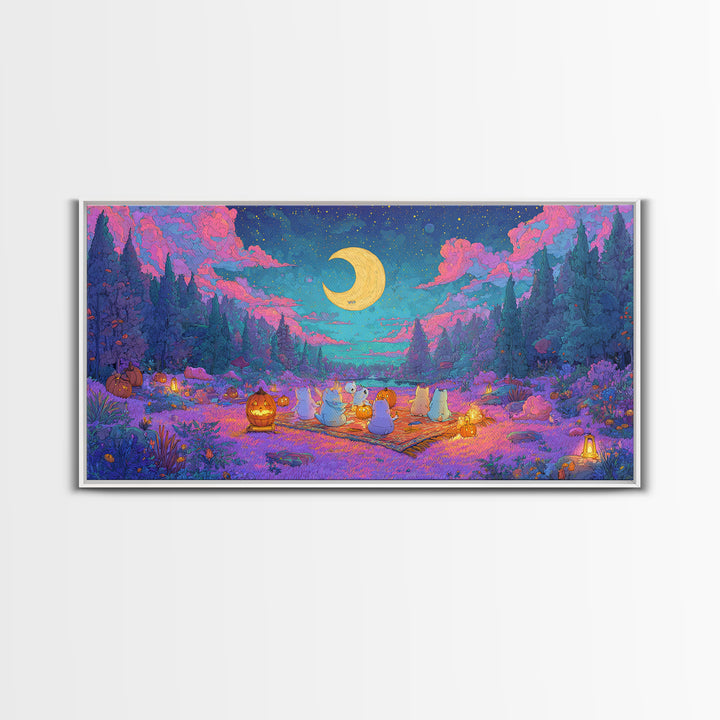 The Smiling Moon Meadow, Vaporwave Halloween Decor, Wide Panoramic Art, Canvas Print, Retro Halloween Decor, Neon Wall Art