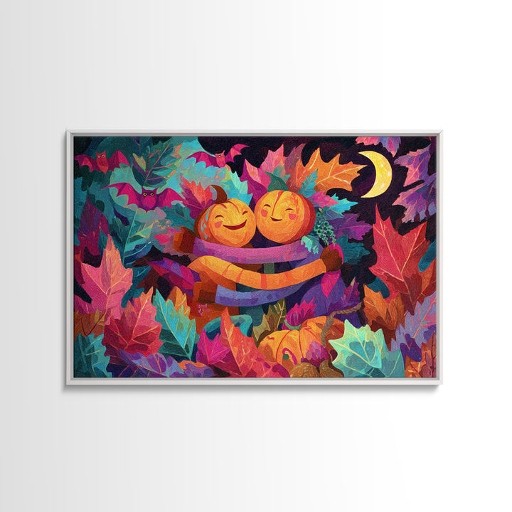 The Dancing Autumn Leaves, Synthwave Halloween Art, Landscape Wall Art, Canvas Print, Retro Halloween Decor, Neon Wall Art