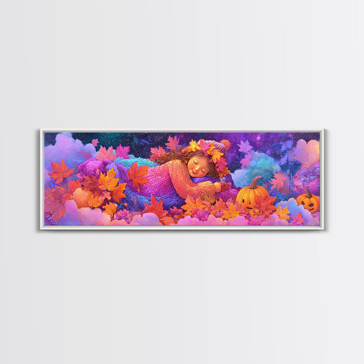The Dancing Autumn Leaves, 80s Halloween Wall Art, Extra Wide Wall Art, Canvas Print, Retro Halloween Decor, Neon Wall Art